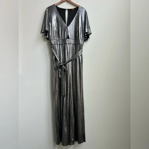 Refinery29 x ELOQUII disco hipster Party Silver Metallic V-Neck Jumpsuit R29 14 - Picture 7 of 16